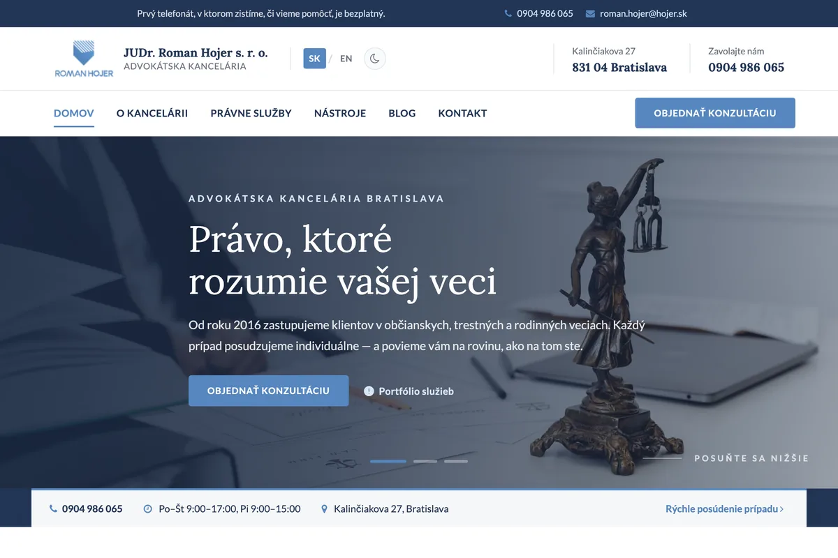 JUDr. Roman Hojer s. r. o., a website built by LUMA Creative